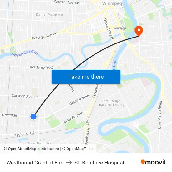 Westbound Grant at Elm to St. Boniface Hospital map