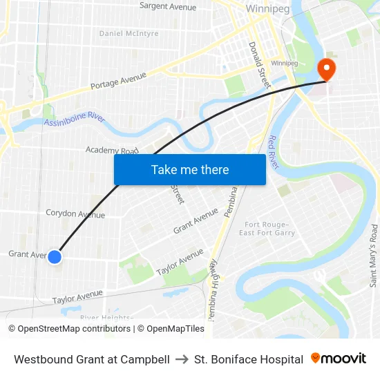 Westbound Grant at Campbell to St. Boniface Hospital map