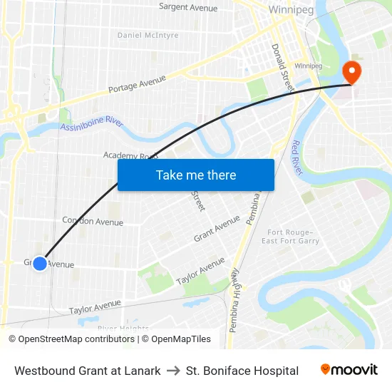 Westbound Grant at Lanark to St. Boniface Hospital map