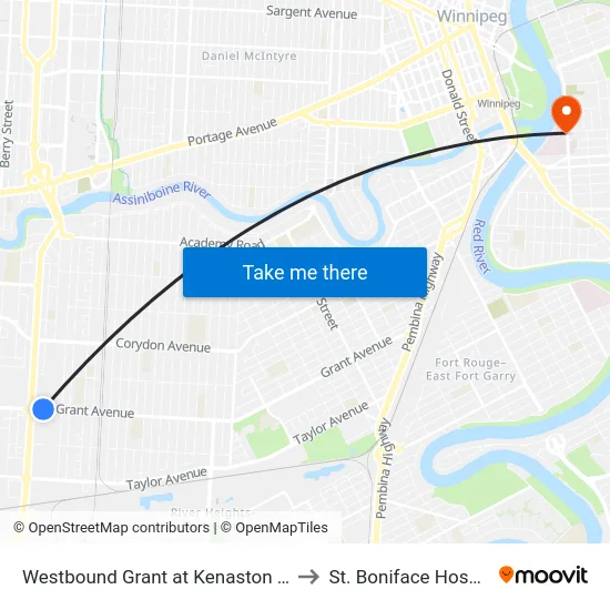 Westbound Grant at Kenaston East to St. Boniface Hospital map
