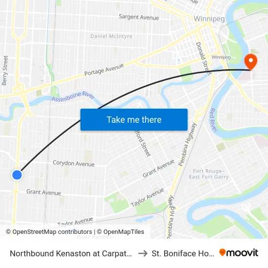 Northbound Kenaston at Carpathia South to St. Boniface Hospital map