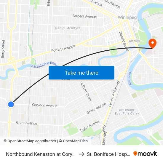Northbound Kenaston at Corydon to St. Boniface Hospital map