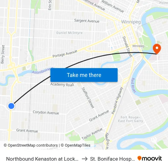 Northbound Kenaston at Lockston to St. Boniface Hospital map