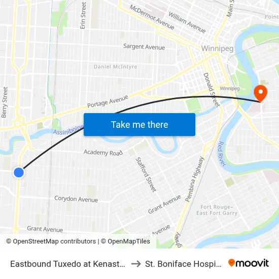 Eastbound Tuxedo at Kenaston to St. Boniface Hospital map