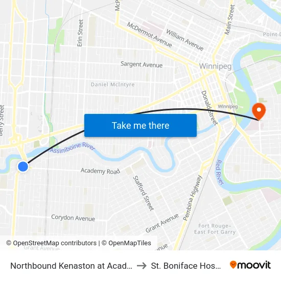 Northbound Kenaston at Academy to St. Boniface Hospital map