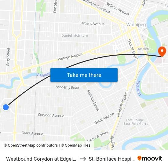 Westbound Corydon at Edgeland to St. Boniface Hospital map