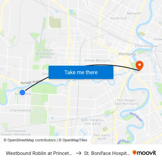 Westbound Roblin at Princeton to St. Boniface Hospital map
