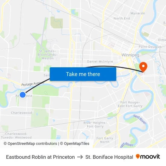 Eastbound Roblin at Princeton to St. Boniface Hospital map