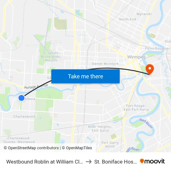Westbound Roblin at William Clement to St. Boniface Hospital map