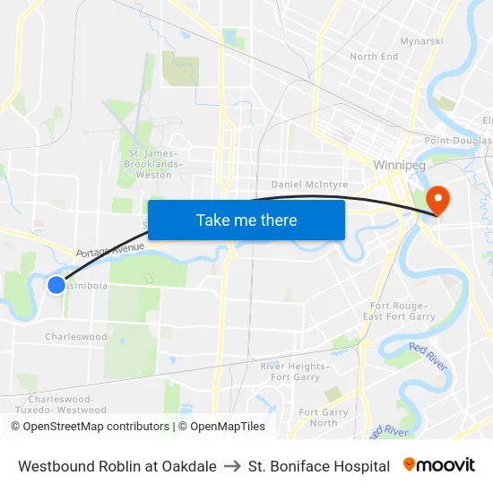 Westbound Roblin at Oakdale to St. Boniface Hospital map