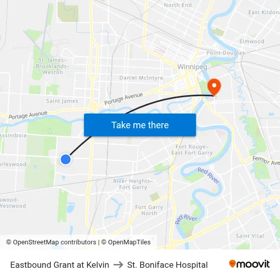 Eastbound Grant at Kelvin to St. Boniface Hospital map