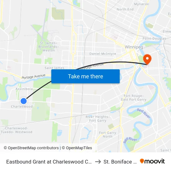Eastbound Grant at Charleswood Centre (Park & Ride) to St. Boniface Hospital map