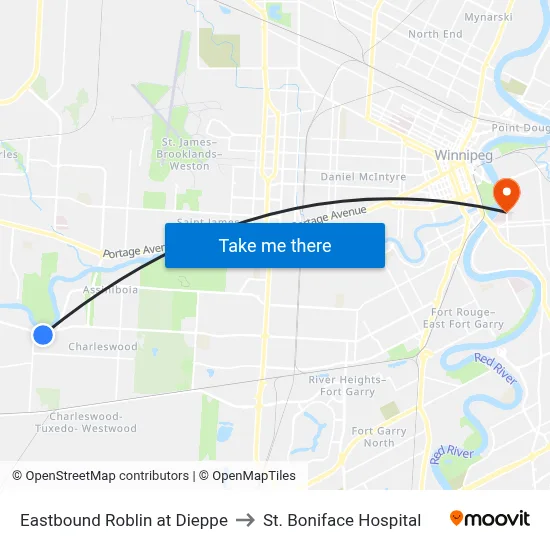 Eastbound Roblin at Dieppe to St. Boniface Hospital map