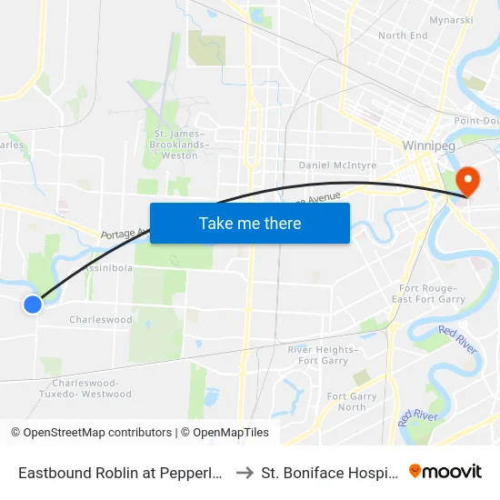 Eastbound Roblin at Pepperloaf to St. Boniface Hospital map