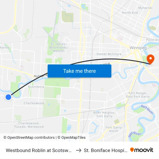 Westbound Roblin at Scotswood to St. Boniface Hospital map