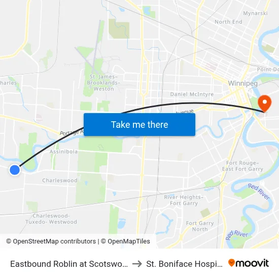 Eastbound Roblin at Scotswood to St. Boniface Hospital map