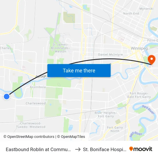 Eastbound Roblin at Community to St. Boniface Hospital map