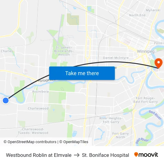 Westbound Roblin at Elmvale to St. Boniface Hospital map