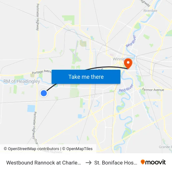 Westbound Rannock at Charleswood to St. Boniface Hospital map