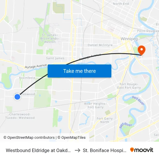 Westbound Eldridge at Oakdale to St. Boniface Hospital map