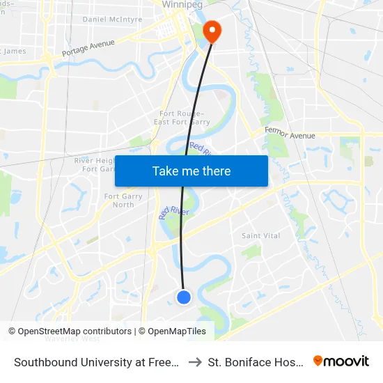 Southbound University at Freedman to St. Boniface Hospital map