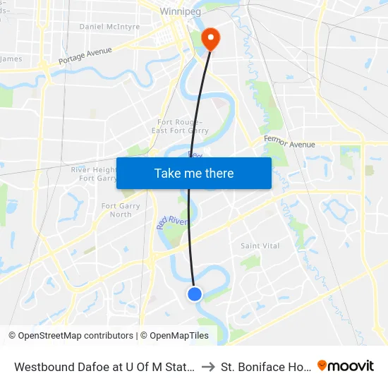 Westbound Dafoe at U Of M Station (Blue) to St. Boniface Hospital map