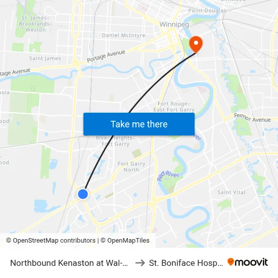 Northbound Kenaston at Wal-Mart to St. Boniface Hospital map