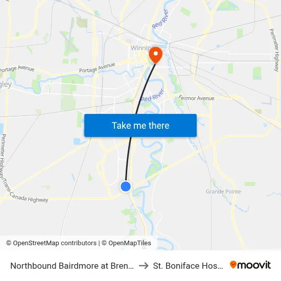 Northbound Bairdmore at Brentlawn to St. Boniface Hospital map
