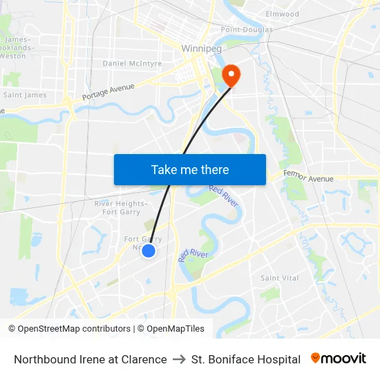 Northbound Irene at Clarence to St. Boniface Hospital map