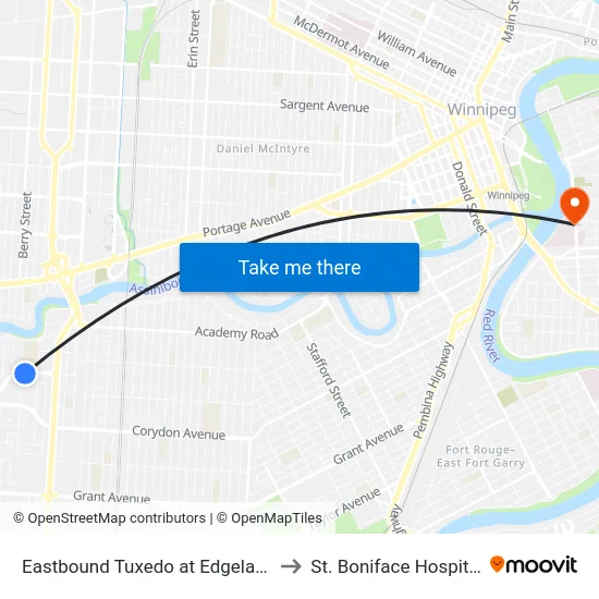 Eastbound Tuxedo at Edgeland to St. Boniface Hospital map