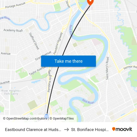 Eastbound Clarence at Hudson to St. Boniface Hospital map