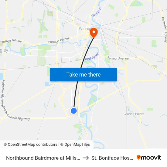 Northbound Bairdmore at Millstream to St. Boniface Hospital map