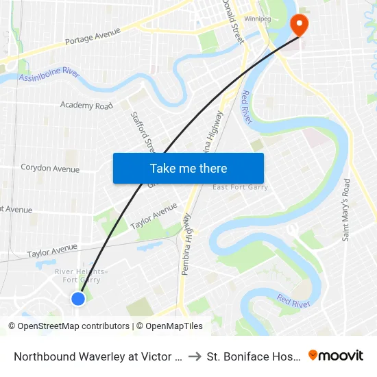 Northbound Waverley at Victor Lewis to St. Boniface Hospital map