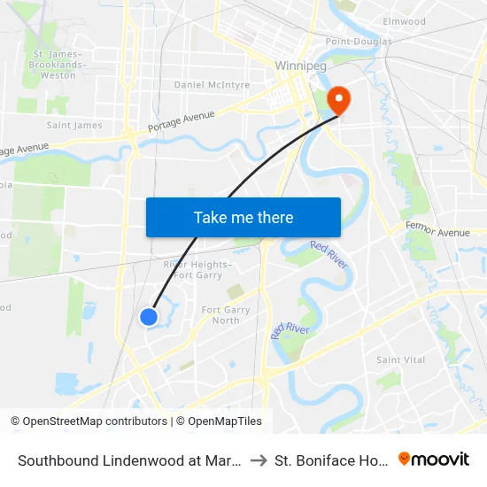 Southbound Lindenwood at Marksbridge to St. Boniface Hospital map