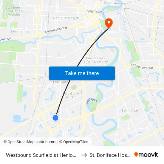 Westbound Scurfield at Henlow East to St. Boniface Hospital map