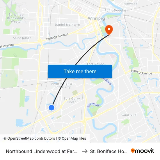 Northbound Lindenwood at Farmingdale to St. Boniface Hospital map