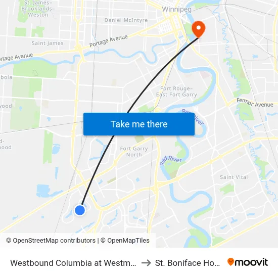 Westbound Columbia at Westmoreland to St. Boniface Hospital map