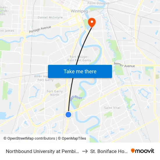 Northbound University at Pembina South to St. Boniface Hospital map
