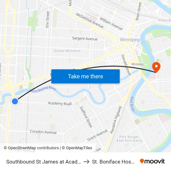 Southbound St James at Academy to St. Boniface Hospital map