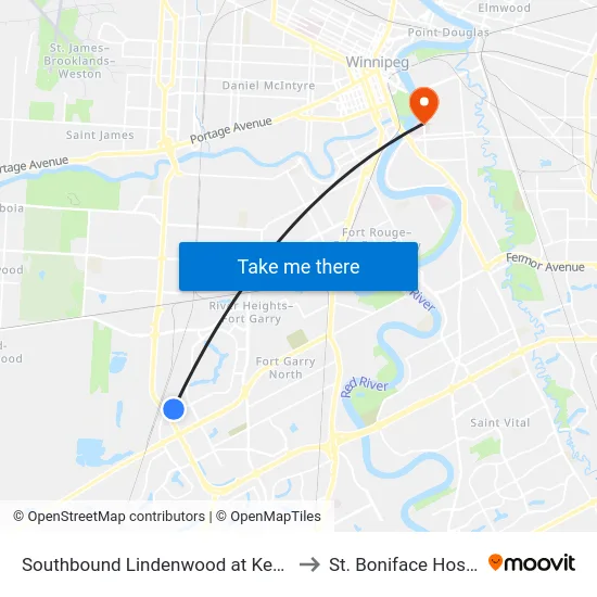 Southbound Lindenwood at Kenaston to St. Boniface Hospital map