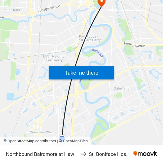 Northbound Bairdmore at Hawstead to St. Boniface Hospital map