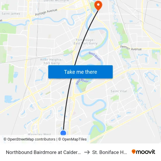 Northbound Bairdmore at Calderwood East to St. Boniface Hospital map
