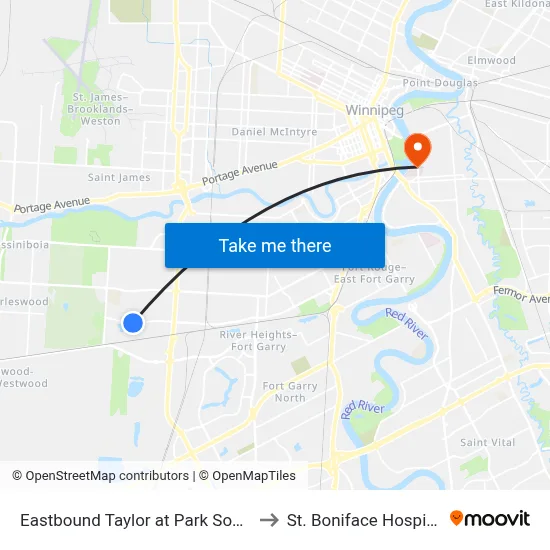 Eastbound Taylor at Park South to St. Boniface Hospital map