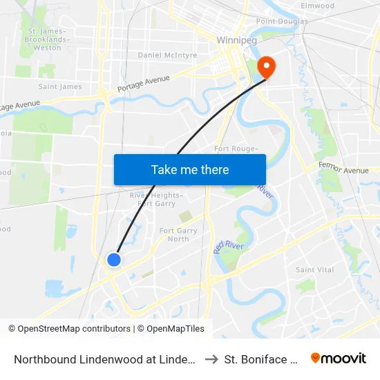 Northbound Lindenwood at Lindenwood Terrace to St. Boniface Hospital map