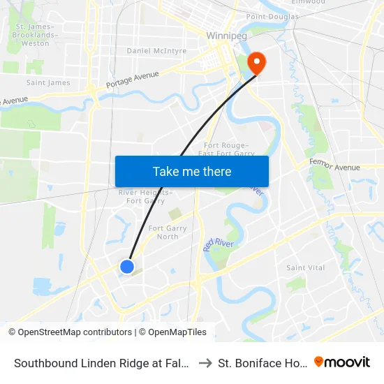 Southbound Linden Ridge at Falcon Ridge to St. Boniface Hospital map
