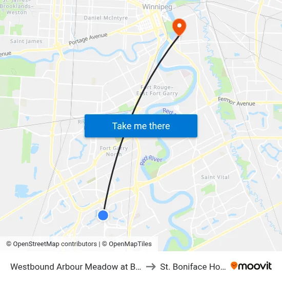 Westbound Arbour Meadow at Bridgeland to St. Boniface Hospital map