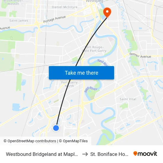 Westbound Bridgeland at Maple Creek to St. Boniface Hospital map