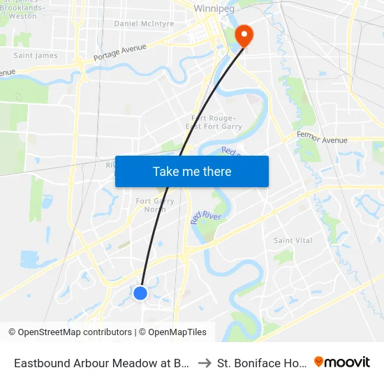 Eastbound Arbour Meadow at Bridgeland to St. Boniface Hospital map