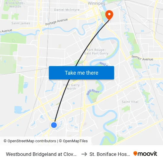 Westbound Bridgeland at Clovercrest to St. Boniface Hospital map