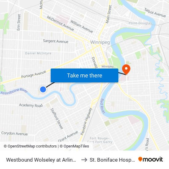 Westbound Wolseley at Arlington to St. Boniface Hospital map